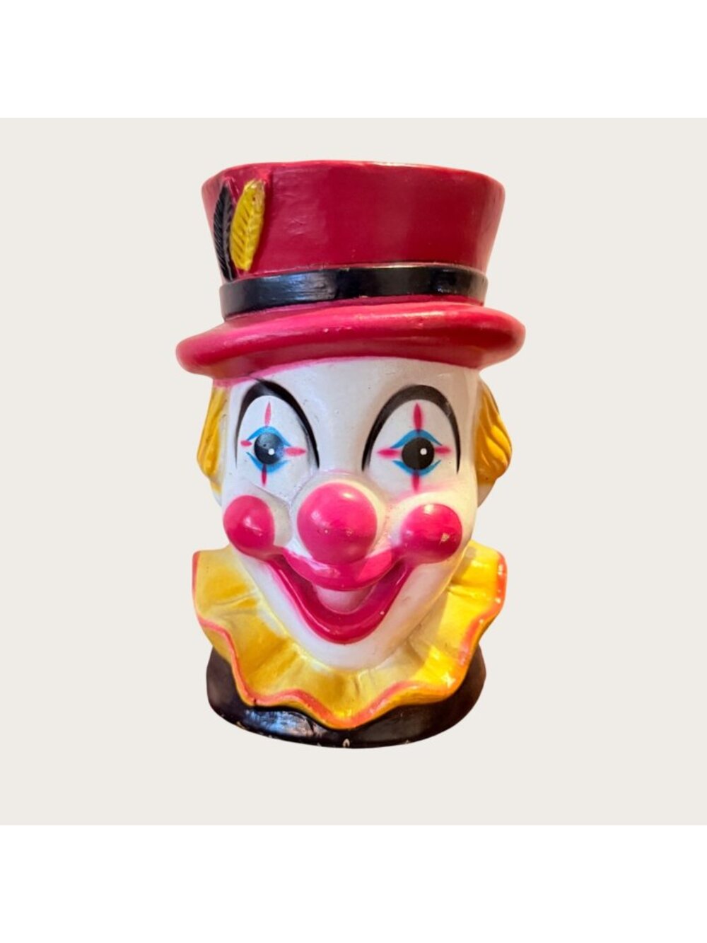 Vintage 1960s Plastic Smiling Clown Coin Bank Red Hat & Yellow Collar No Stopper